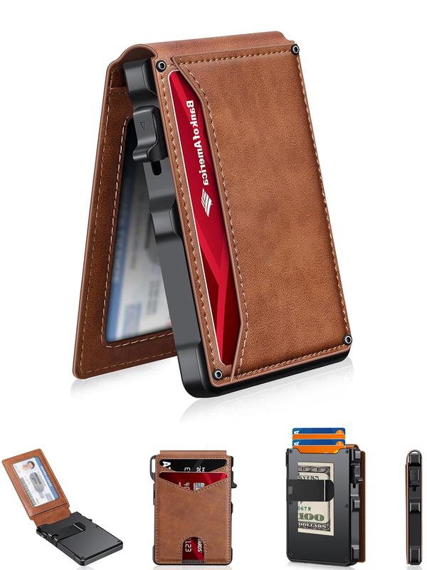 Minimalist Slim Wallet for Men – Holds 9–13 Cards, RFID Blocking Aluminum Bifold with Pop-Up Card Access, Built-In Money Clip & ID Window