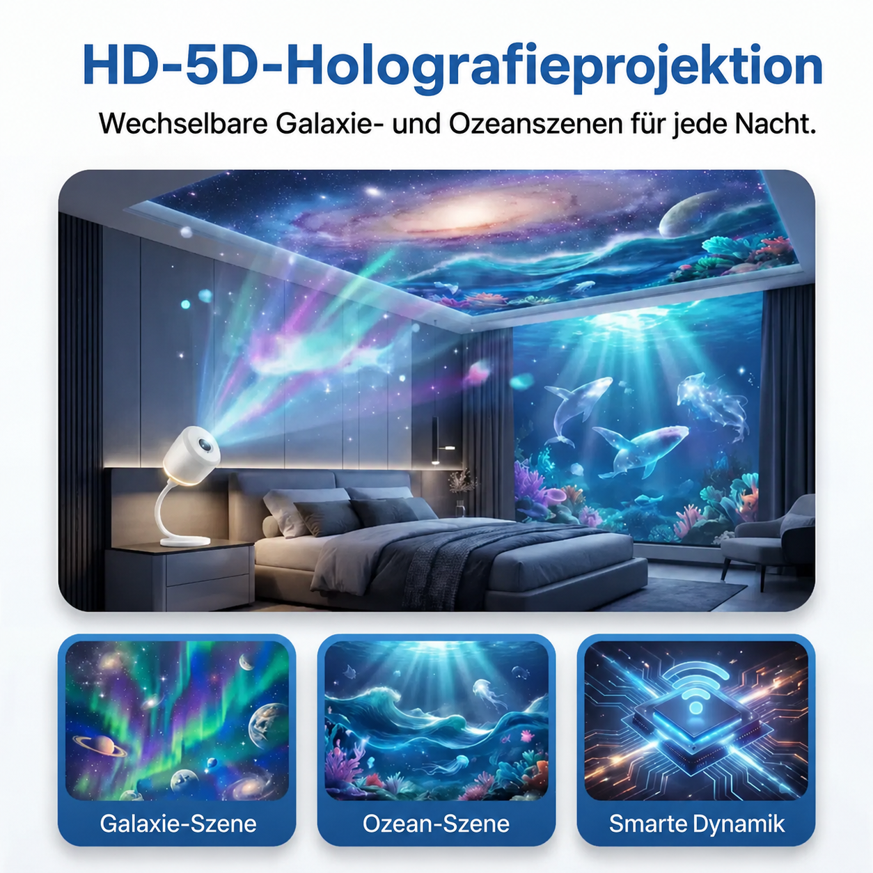 🌘 Nectavira® 5D Hologramm-Nachtlicht – Smarter HD-Projektor für magische Raumstimmung