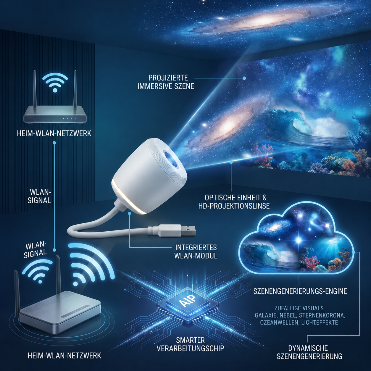 🌘 Nectavira® 5D Hologramm-Nachtlicht – Smarter HD-Projektor für magische Raumstimmung