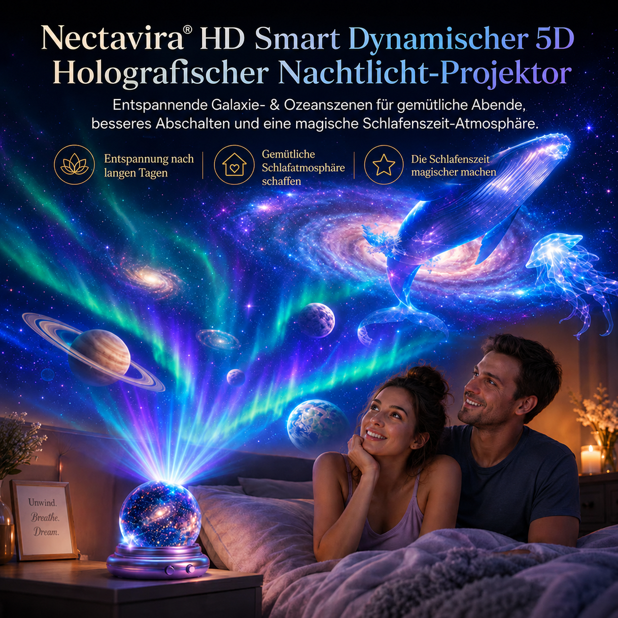 🌘 Nectavira® 5D Hologramm-Nachtlicht – Galaxie & Ozean Projektor