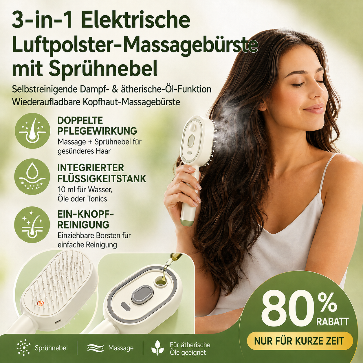 🔥 Nectavira® 3-in-1 Kopfhaut-Massagebürste mit Sprühnebel & Aromaöl-Funktion